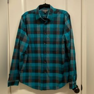 Express Men’s Plaid Teal Long-Sleeved Shirt - Large